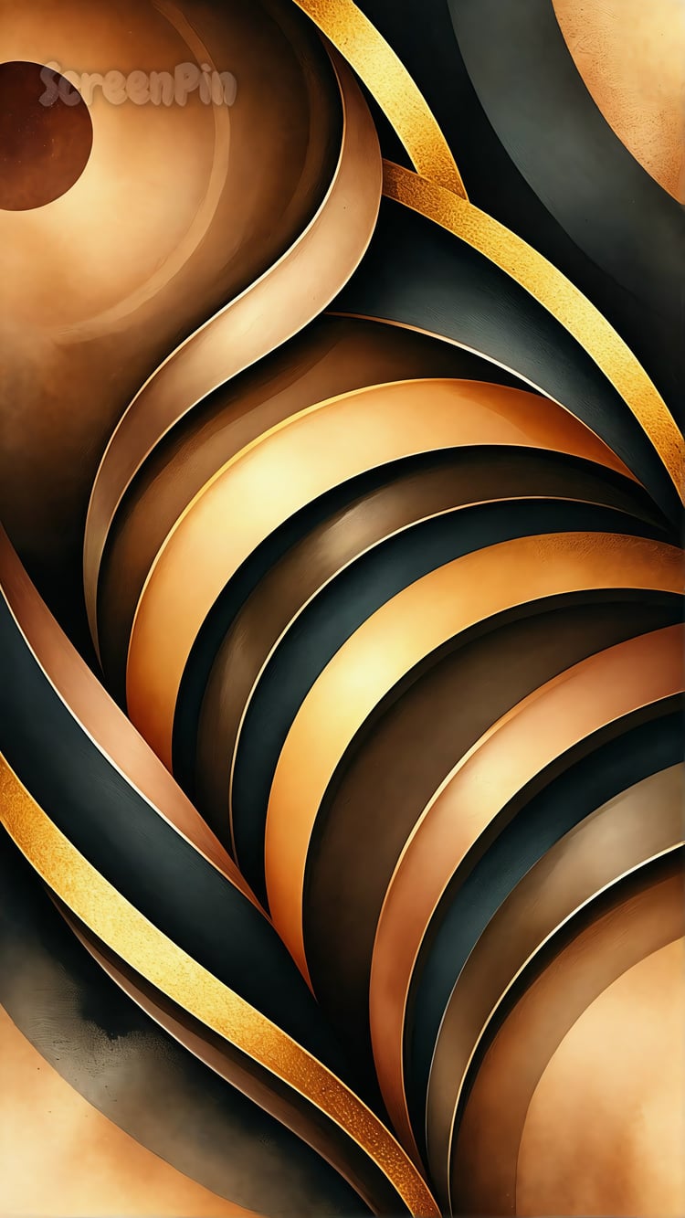 An abstract composition with deep brown and black curved layers, accented with elegant gold highlights for a luxurious effect.