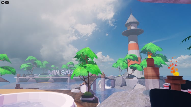 High-quality Roblox café map featuring a pool and outdoor lounge