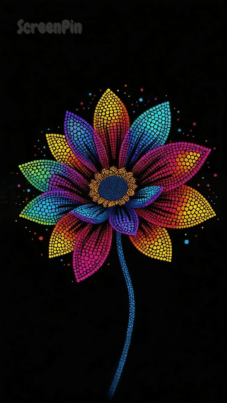 A colorful pointillism-style flower set against a black background, featuring intricate dot-based detailing.