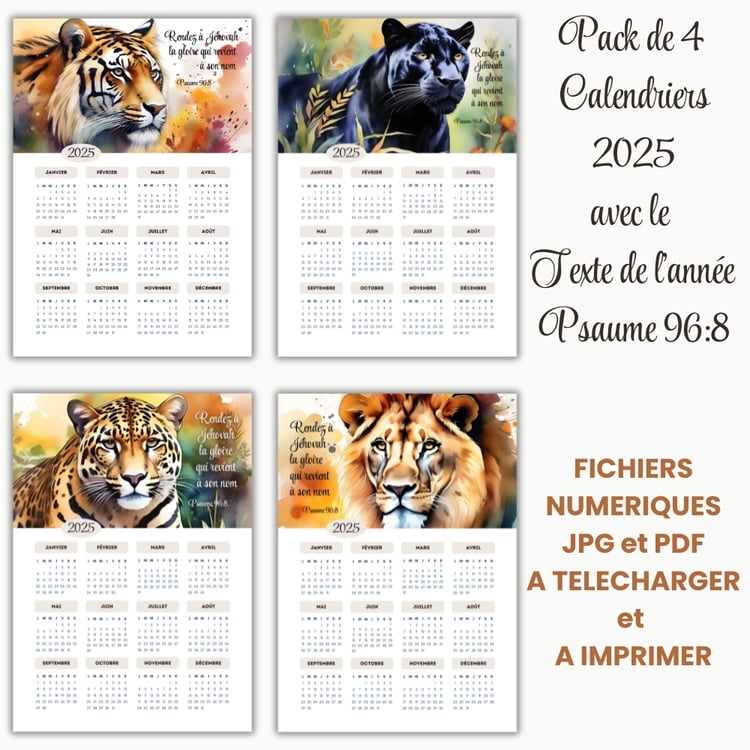 Calendriers JW Témoins de Jéhovah 2025 - Texte de l’année Psaume 96:8 - Animaux Aquarelle
