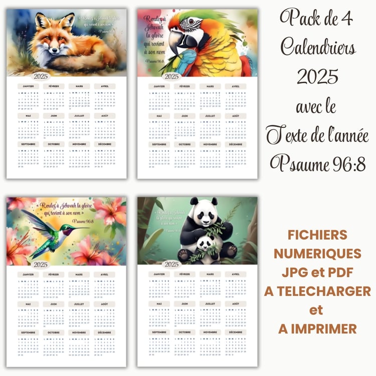 Calendriers JW Témoins de Jéhovah 2025 - Texte de l’année Psaume 96:8 - Animaux Aquarelle