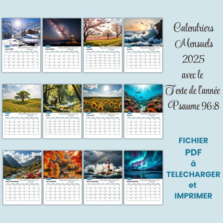 Calendrier mensuel JW 2025 - Texte de l'année Psaume 96:8 Paysages