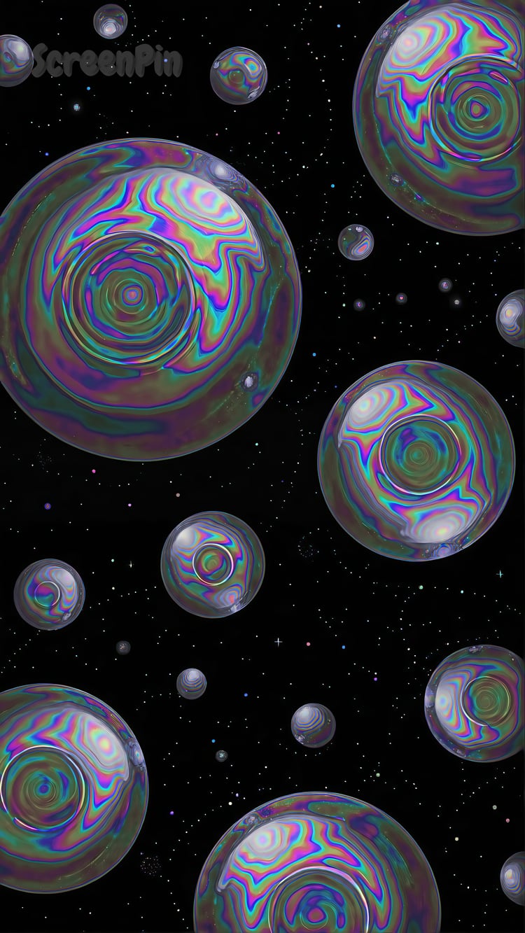 Mystical metallic rainbow spheres floating in a dark cosmic space, reflecting vibrant colors on a black background.