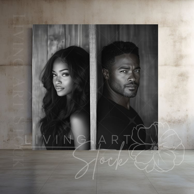 Black and white stock image featuring young black woman and older man with a wall in between them