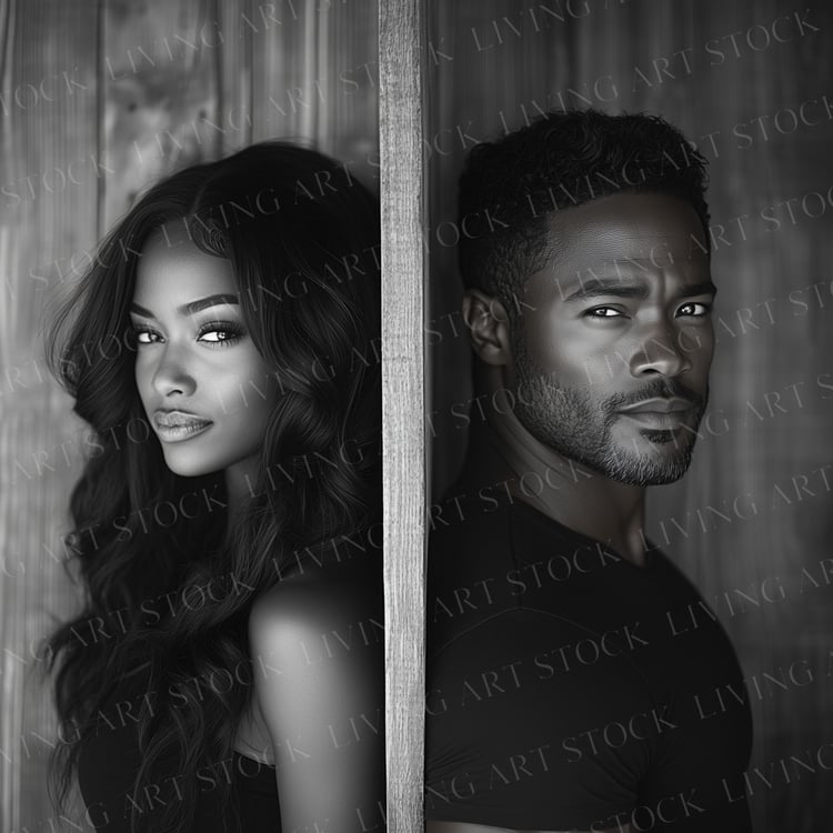 Black and white stock image featuring young black woman and older man with a wall in between them