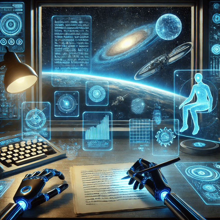 A high-tech, futuristic writer’s desk bathed in the glow of neon-blue holographic screens. The main holographic display shows an unfinished sci-fi manuscript, while floating interface panels project alien language translations and spaceship schematics. A