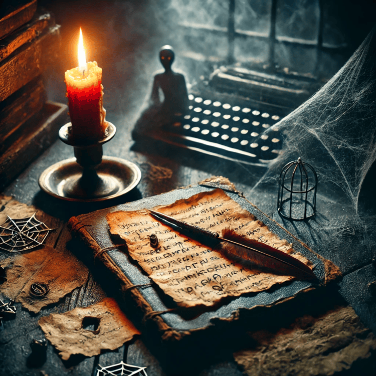 A dark writer’s desk with a flickering candle, an open notebook with horror story ideas, a blood-red quill, and a shadowy figure in the background