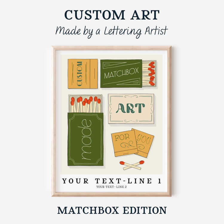 A framed picture of various matchboxes with text that reads “Custom Art Made by a Lettering Artist: Matchbox Edition”