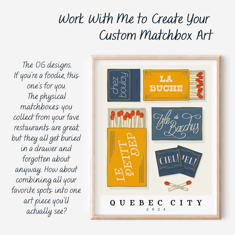 A frame with a picture of matchboxes and text that reads: “The OG designs. If youre a foodie, this ones for you. The physical matchboxes you collect from your fave restaurants are great, but they all get buried in a drawer and forgotten about anyway. Ho