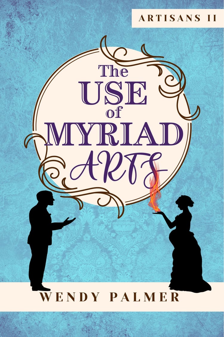 Cover of The Use of Myriad Arts. We have a dark bluish background with purple shadows, with a faint embossed pattern invoking Victoria wallpaper. The title is in the centre on a cream background, surrounded by curliques. Underneath, standing on the author