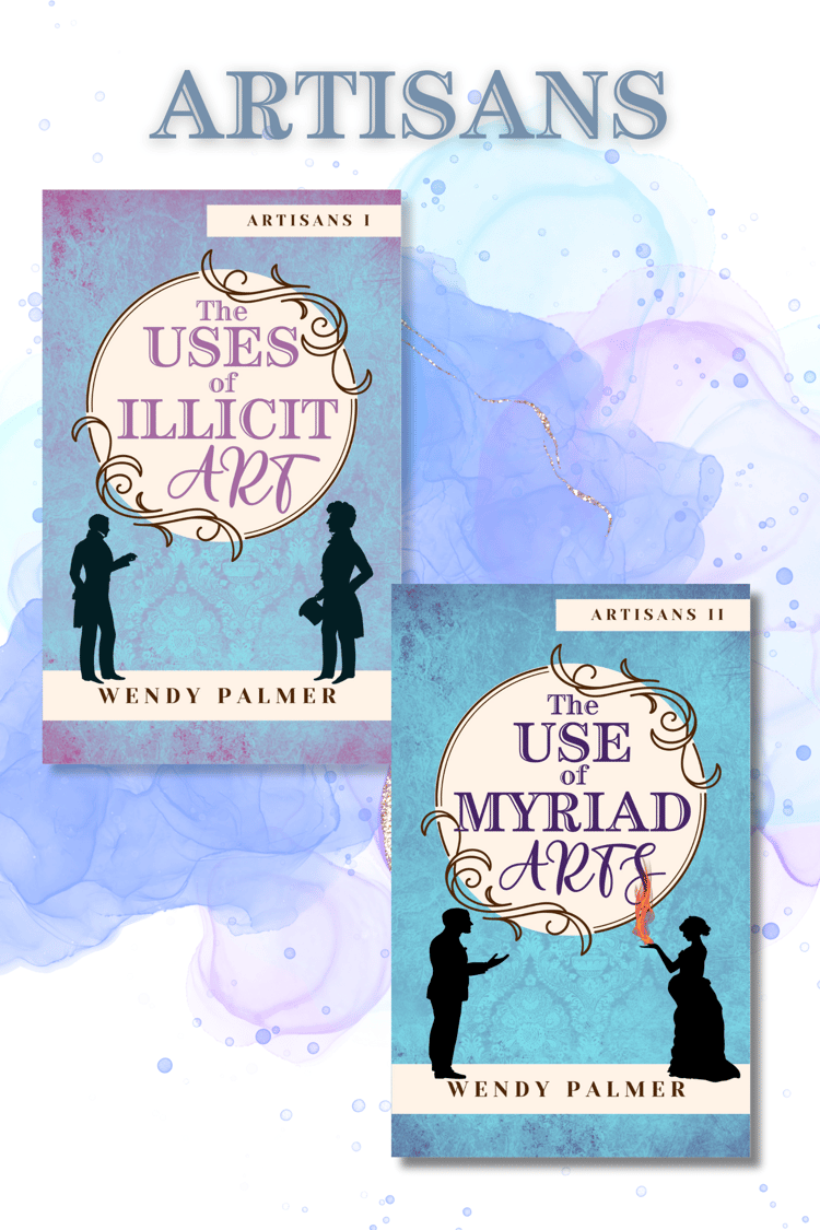 Covers of the two Artisans books: The Uses of Illicit Art, with two male silhouettes looking at each other below a decorative title within a pretty circle, and The Use of Myriad Arts, with two silhouettes, one male, one female. The woman is very pregnant