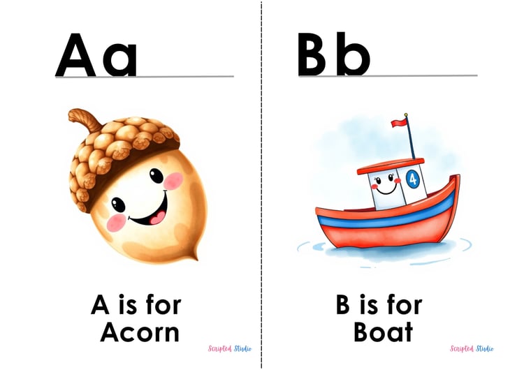 (ABC Watercolor Uppercase, and lowercase 2 flashcards, an acorn and a boat)