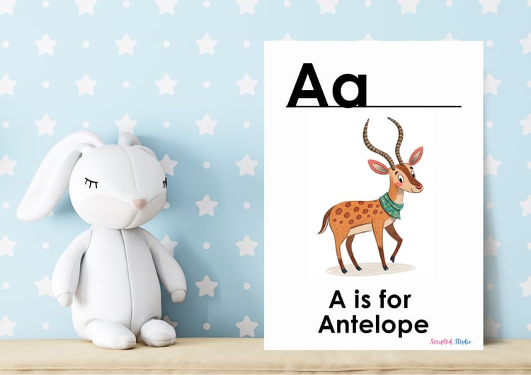 (ABC doodle Uppercase, and lowercase 2 doodle Animal image flashcards, A for an antelope on a flashcard in a nursery room