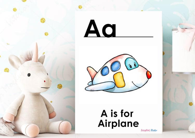 (ABC Watercolor Uppercase and lowercase two flashcards A is for an airplane, on a flashcard in a nursery room