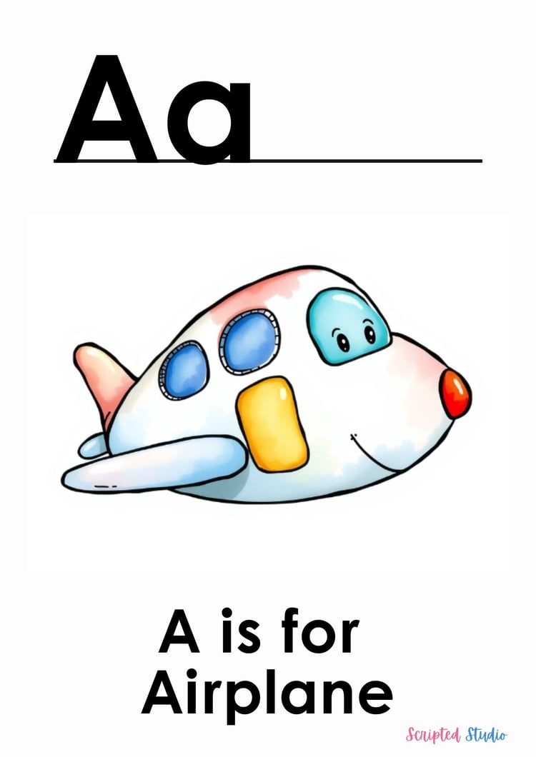 (ABC Watercolor Uppercase and lowercase two flashcards A is for an aeroplane, on a flashcard