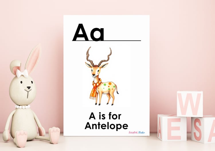 ABC Watercolor Uppercase and lowercase two flashcards A is for an antelope on a flashcard) in a child nursery