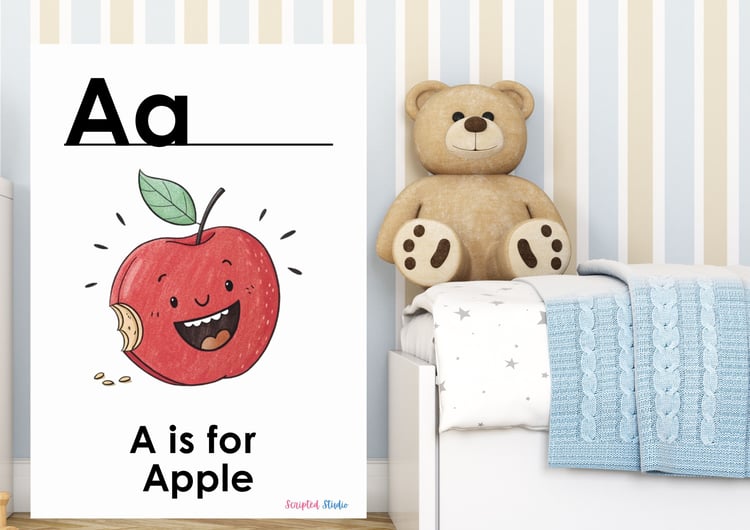 (ABC Doodle Fruit Uppercase and lowercase two flashcards A is for an apple smiling on a flashcard in a child  nursery