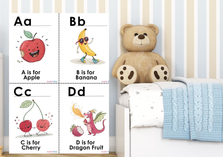 (ABC Doodle Fruit Uppercase and lowercase four flashcards A is for an apple smiling, B is for a banana C is for a cherry,  D is for a dragon fruit, on a flashcard  in a child nursery