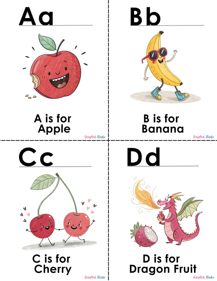 (ABC Doodle Fruit Uppercase and lowercase four flashcards A is for an apple smiling, B is for a banana C is for a cherry, D is for a dragon fruit,