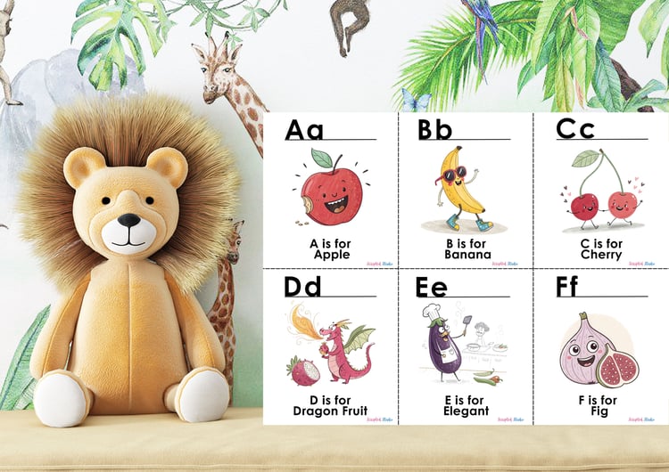 (ABC Doodle Fruit Uppercase and lowercase four flashcards A is for an apple smiling, B is for a banana C is for a cherry, D is for a dragon fruit, E is for eggplant, F is for fig. on a flashcard in a child nursery