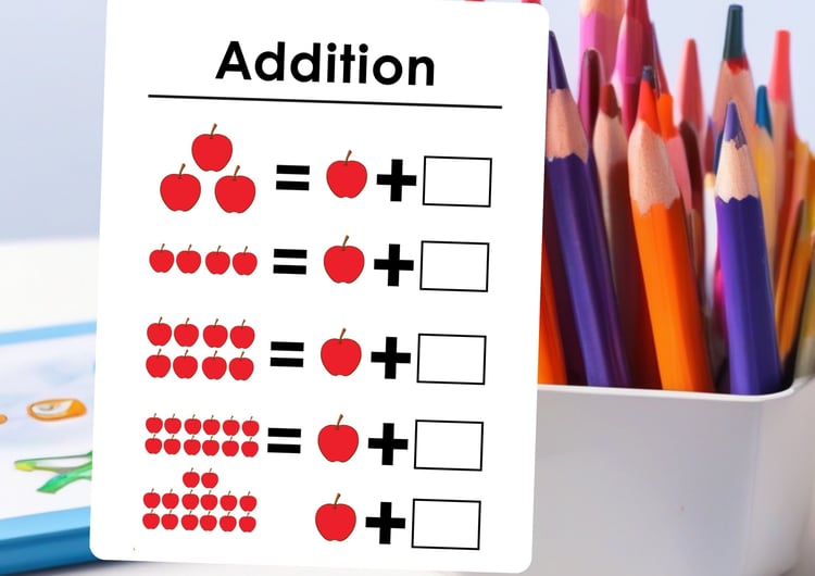 kids-maze-matching-drawing-counting-worksheet on a flashcard on a desk with a pot of pencils