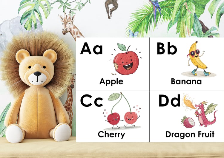 (ABC Doodle Fruit Uppercase and lowercase four flashcards A is for an apple smiling, B is for a banana C is for a cherry,  D is for a dragon fruit, . mock up