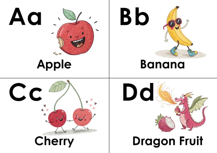 (ABC Doodle Fruit Uppercase and lowercase four flashcards A is for an apple smiling, B is for a banana C is for a cherry,  D is for a dragon fruit, E is for eggplant, F is for fig.