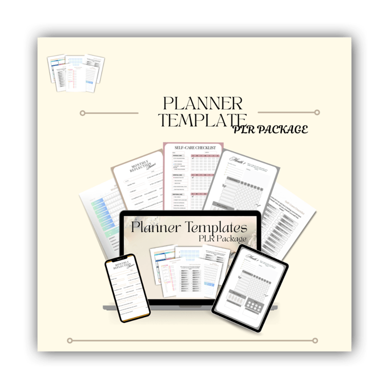 A mockup of PLR planner template with 40+ fully editable pages