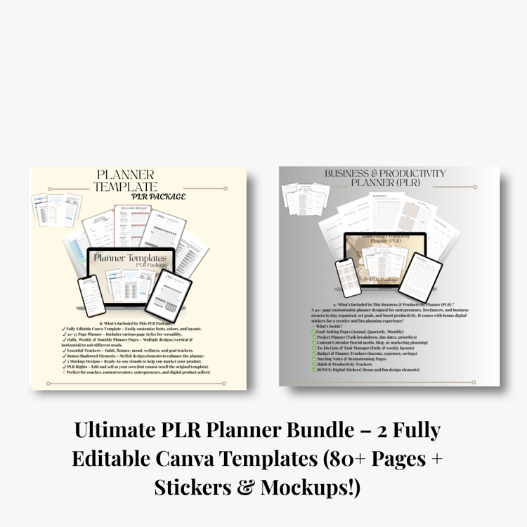 a Mockup of PLR Planner Bundle featuring 2 fully editable Canva templates with over 40 pages,
