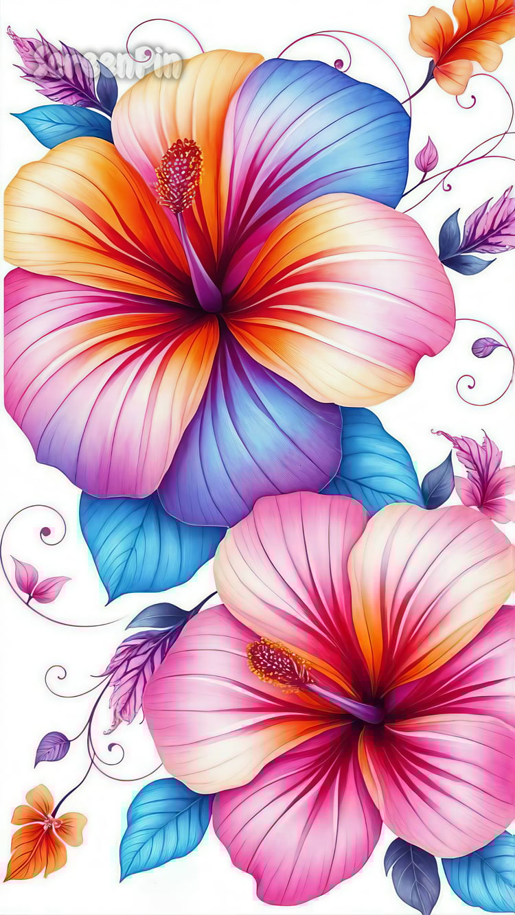 A vibrant floral artwork featuring large, detailed hibiscus flowers in vivid hues on a clean white background.