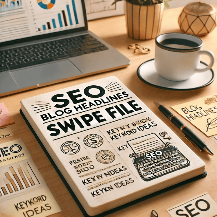 A stylish notepad titled SEO Blog Headlines Swipe File placed on a digital marketer’s workspace. The background features a laptop displaying SEO analytics, a cup of coffee, and scattered sticky notes with keyword ideas, creating a professional yet creat