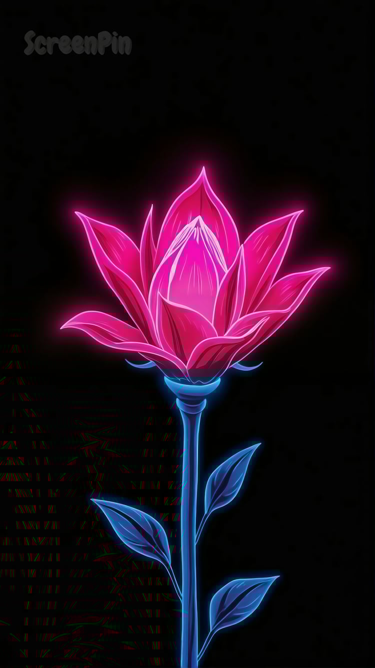 Glowing neon flower with intricate petals on a black background.
