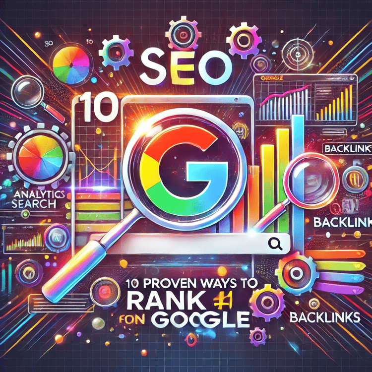 SEO guidebook with a magnifying glass highlighting the Google search bar, surrounded by icons representing ranking strategies, analytics, and optimization.