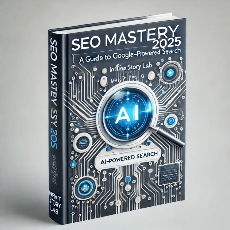 A futuristic and high-tech book cover for SEO Mastery 2025: A Guide to Googles AI-Powered Search. The cover features AI, machine learning, and digital marketing elements with a sleek blue and white color scheme, circuit board patterns, and a glowing sear
