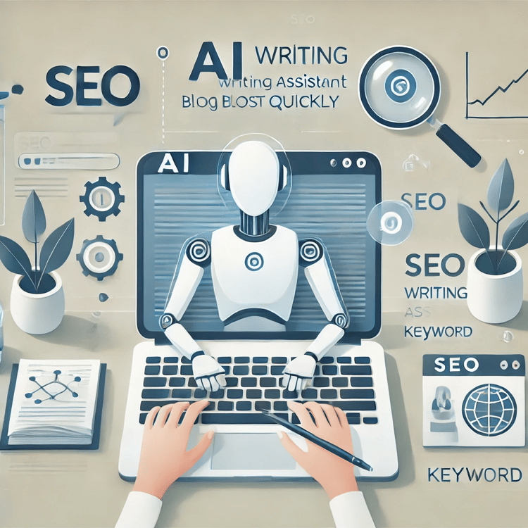 Illustration of a blogger using AI tools to write an SEO-optimized blog post, with a laptop displaying an AI writing assistant and surrounded by SEO-related icons.