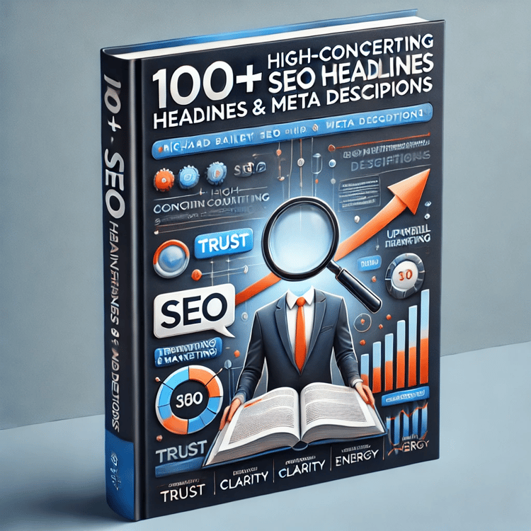Cover of 100+ High-Converting SEO Headlines & Meta Descriptions by Richard Bailey, featuring a professional design with SEO and marketing elements.