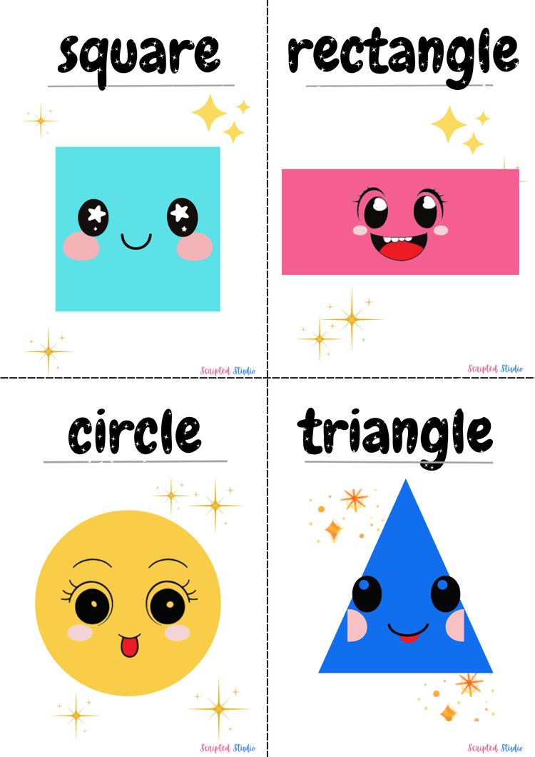 adorable shape flashcards feature a variety of shapes including square, rectangle, circle, triangle, with cute faces and sparkling accents to make learning even more exciting