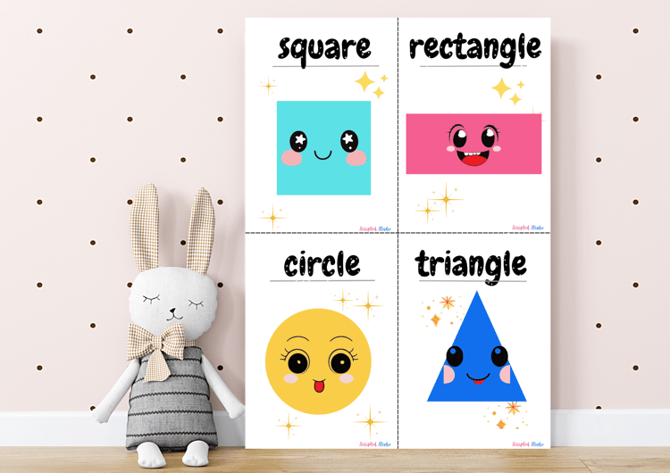 Bright, colorful flashcards featuring fun shapes like square, rectangle, circle, triangle, diamond, oblong, star, and heart with cute faces and sparkles for toddlers and preschoolers.