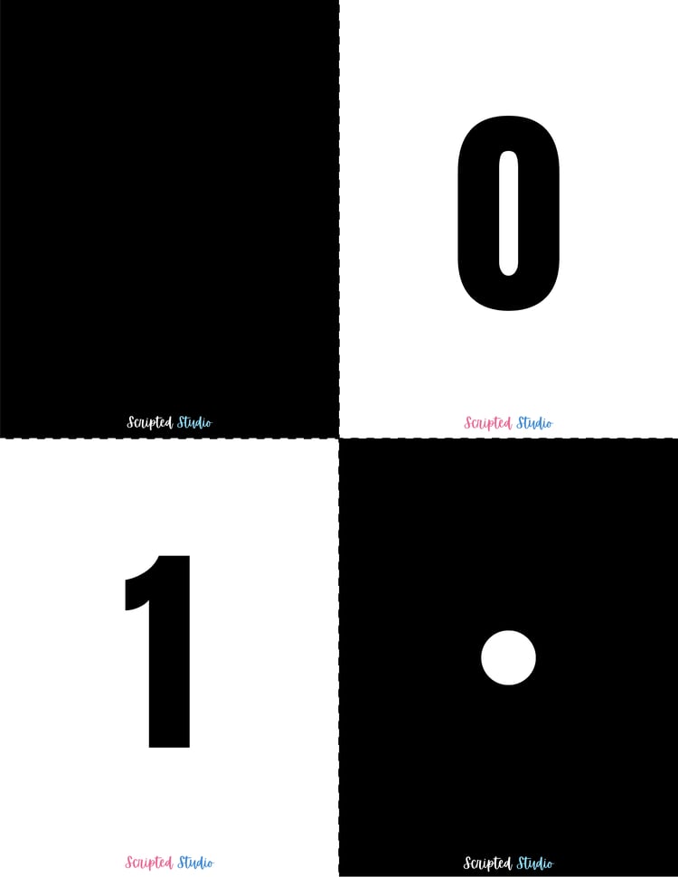 Black and white domino-style flashcards for numbers 0-1, designed to help children practice counting and number recognition in a visually engaging way.