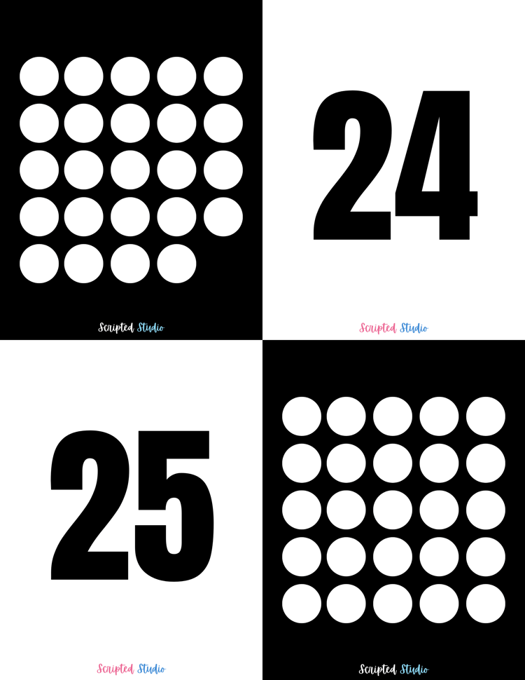 Black and white domino-style flashcards for numbers 24 to 25, designed to help children practice counting and number recognition in a visually engaging way.