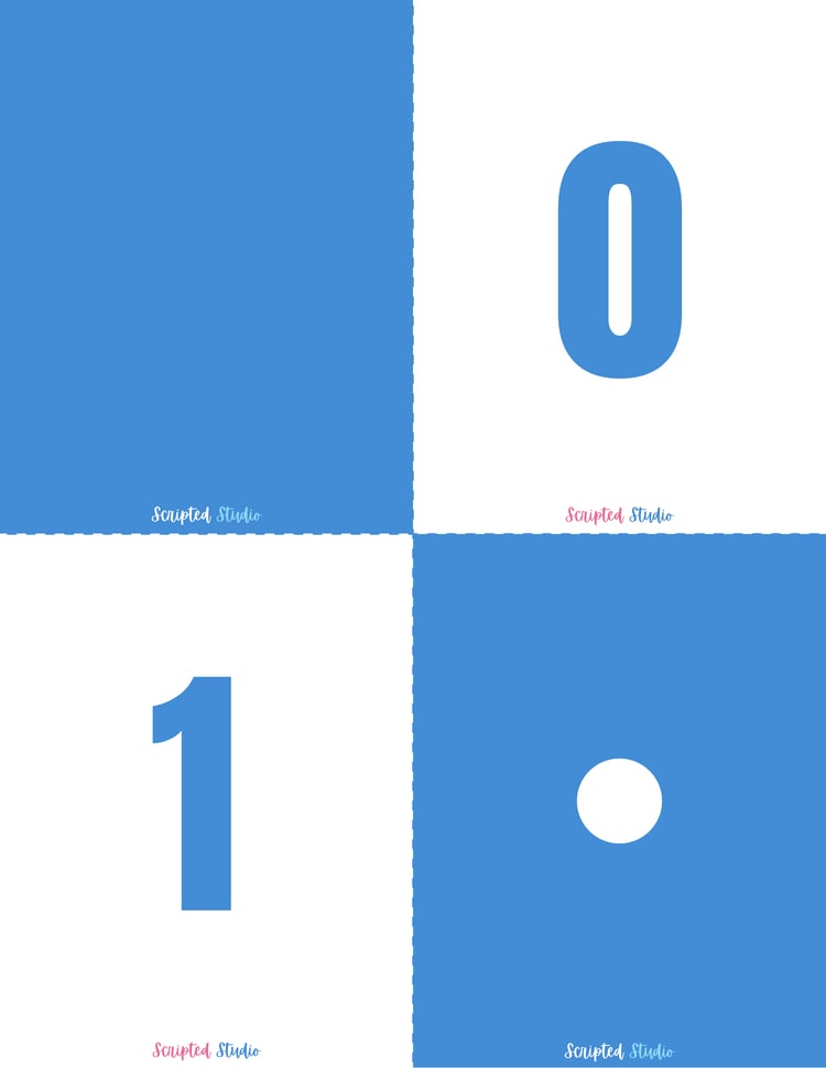 Blue and white domino-style flashcards for numbers 0 to 1, designed to help children practice counting and number recognition in a visually engaging way.