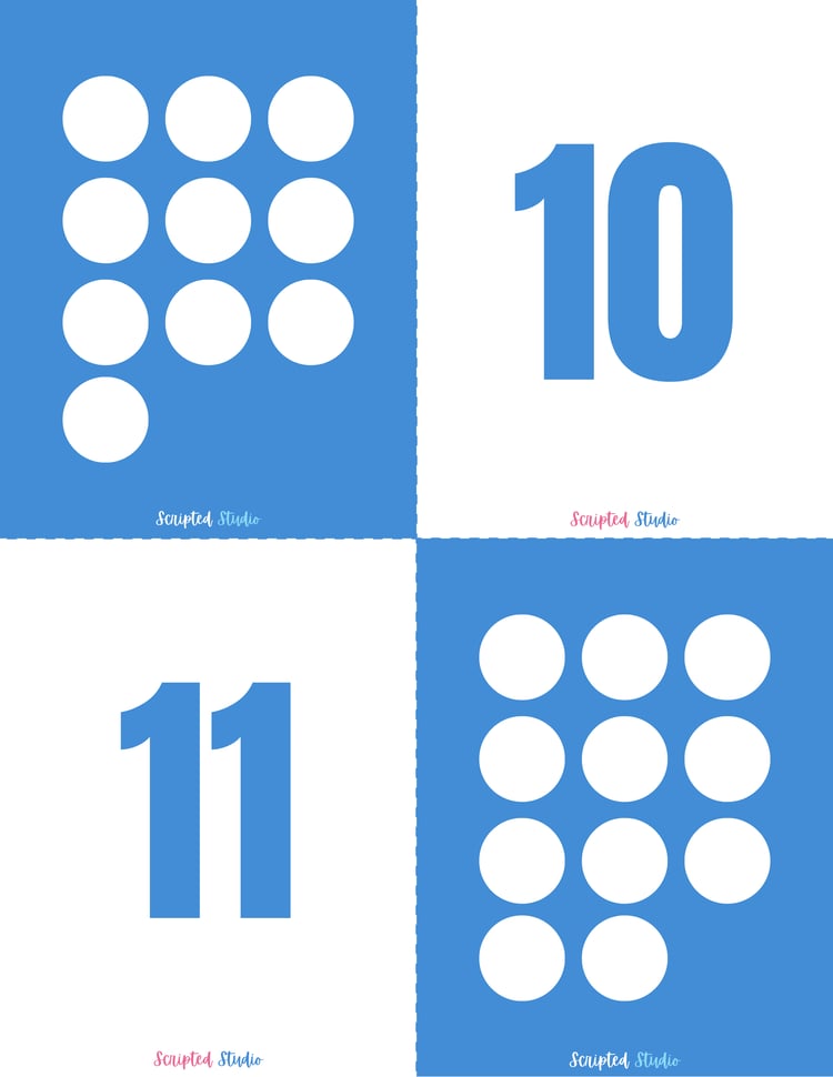 Blue and white domino-style flashcards for numbers 10 to 11, designed to help children practice counting and number recognition in a visually engaging way.