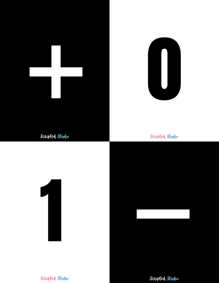 Black and white domino-style flashcards for numbers 0 to 1, designed to help children practice math and number recognition in a visually engaging way.