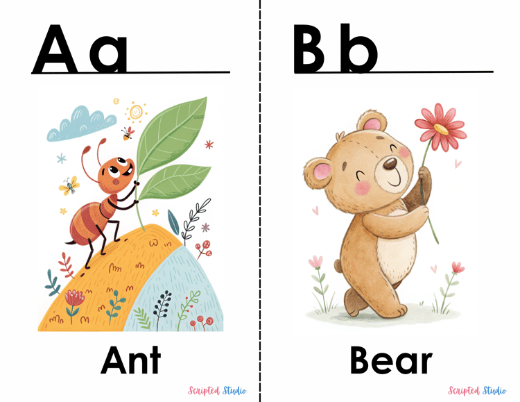 Doodle-style ABC flashcards with cute ant holding a leaf illustrations, perfect for helping young children learn the alphabet and a doodle bear holding a flower