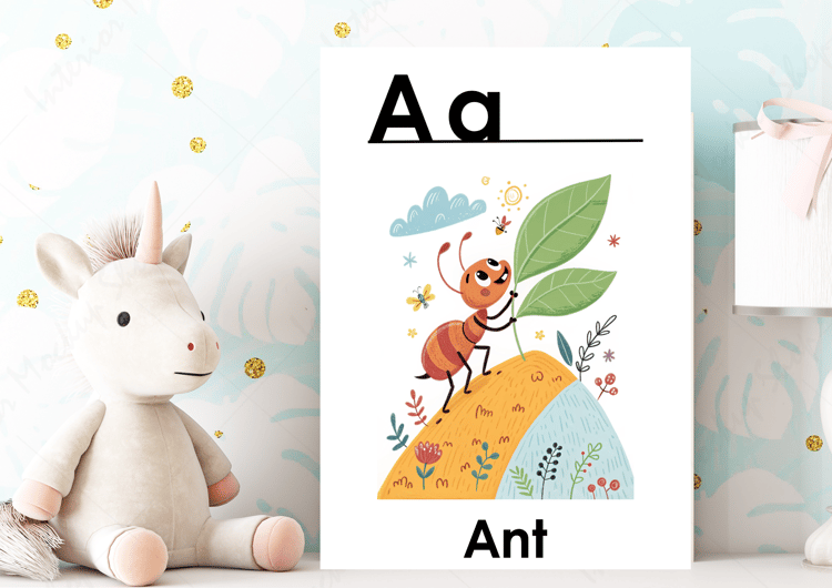 Doodle-style ABC flashcards with cute doodle ant holding a leaf climbing up the hill  ABC mock up
