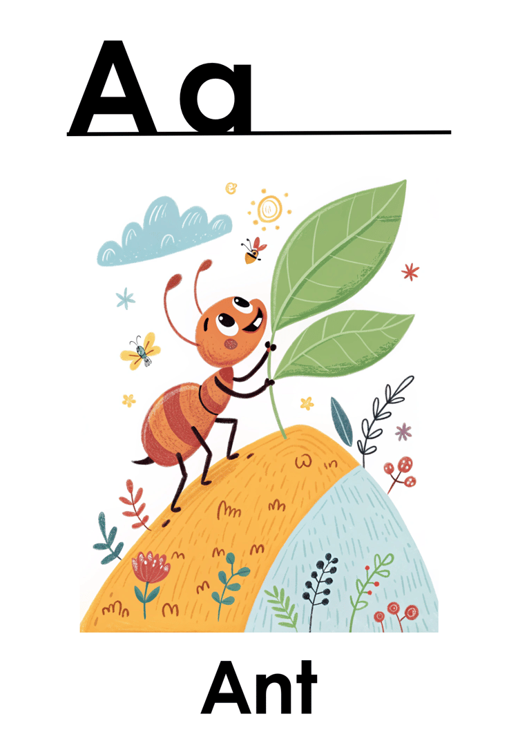 Doodle-style ABC flashcards with cute ant holding a leaf illustrations, perfect for helping young children learn the alphabet
