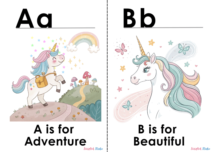 Colorful A-Z doodle unicorn flashcards, each showcasing a fun word and illustration, such as "A is for Adventure. and b is for beautiful