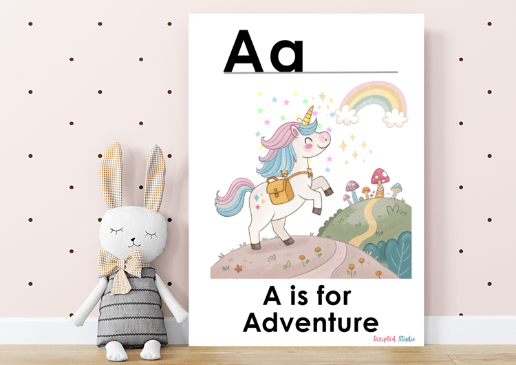 Colorful A-Z doodle unicorn flashcards, each showcasing a fun word and illustration, such as "A is for Adventure." mock up