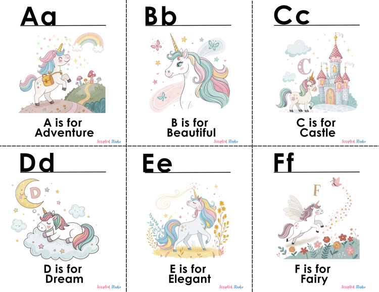 6 per card Colorful A-Z doodle unicorn flashcards, each showcasing a fun word and illustration, such as "A is for Adventure."