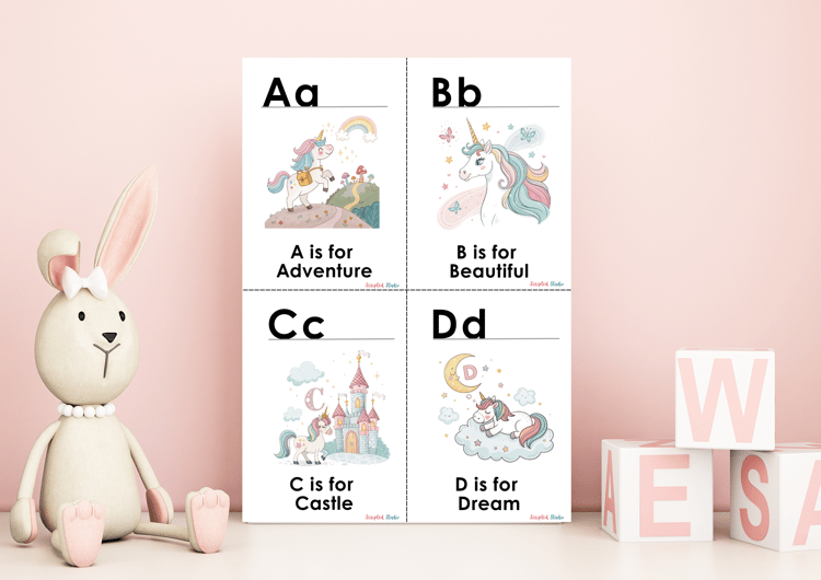 4 per set Colorful A-Z doodle unicorn flashcards, each showcasing a fun word and illustration, such as "A is for Adventure."